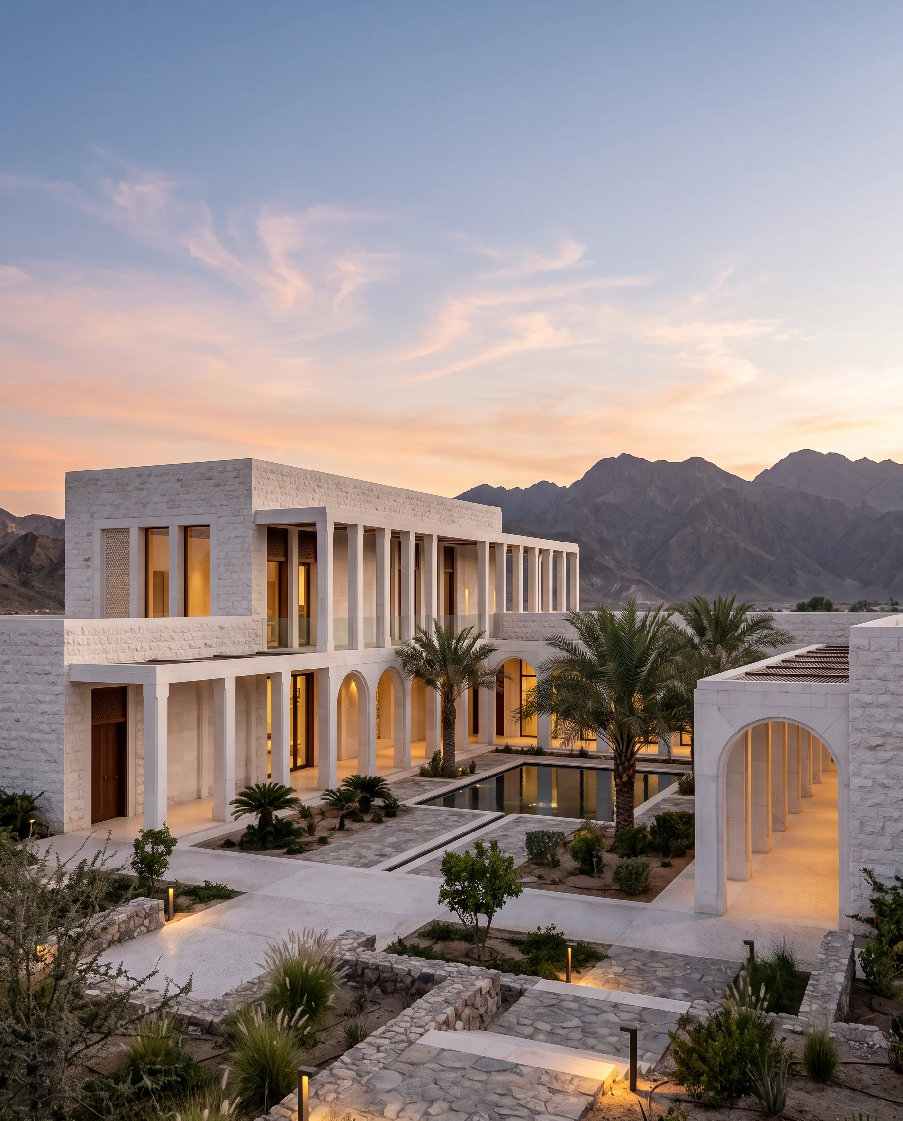 The Amouage Manufacture and Visitor’s Centre against the mountains of Oman at sunset